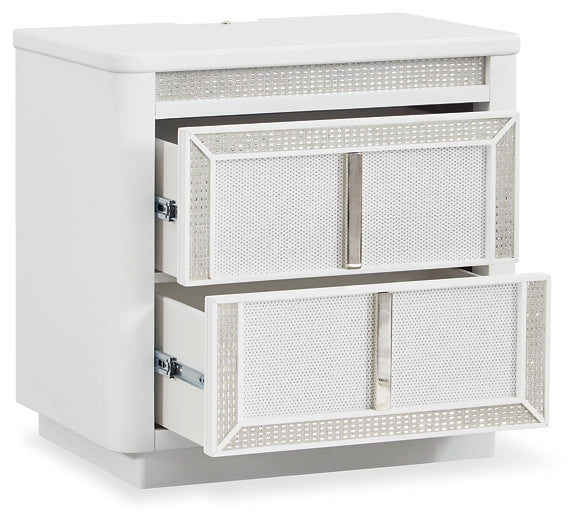 Chalanna King Upholstered Storage Bed with Mirrored Dresser and Nightstand