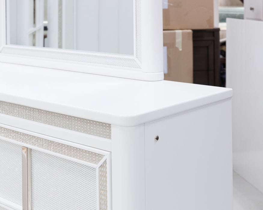 Chalanna King Upholstered Storage Bed with Mirrored Dresser and Nightstand